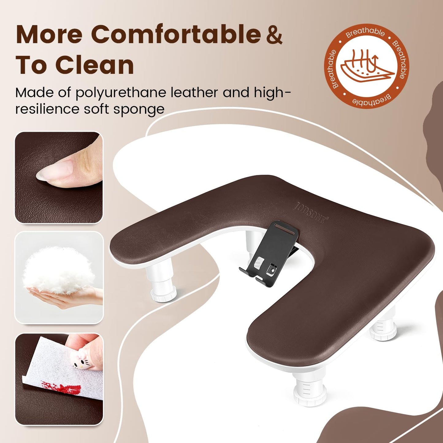 JODSONE U-Shaped Brown Arm Rest for Nails Tech with Rotating 360°Built-In Phone Holder and Adjustable Nail Arm Rest Detachable Manicure Hand Rest for Salon Design