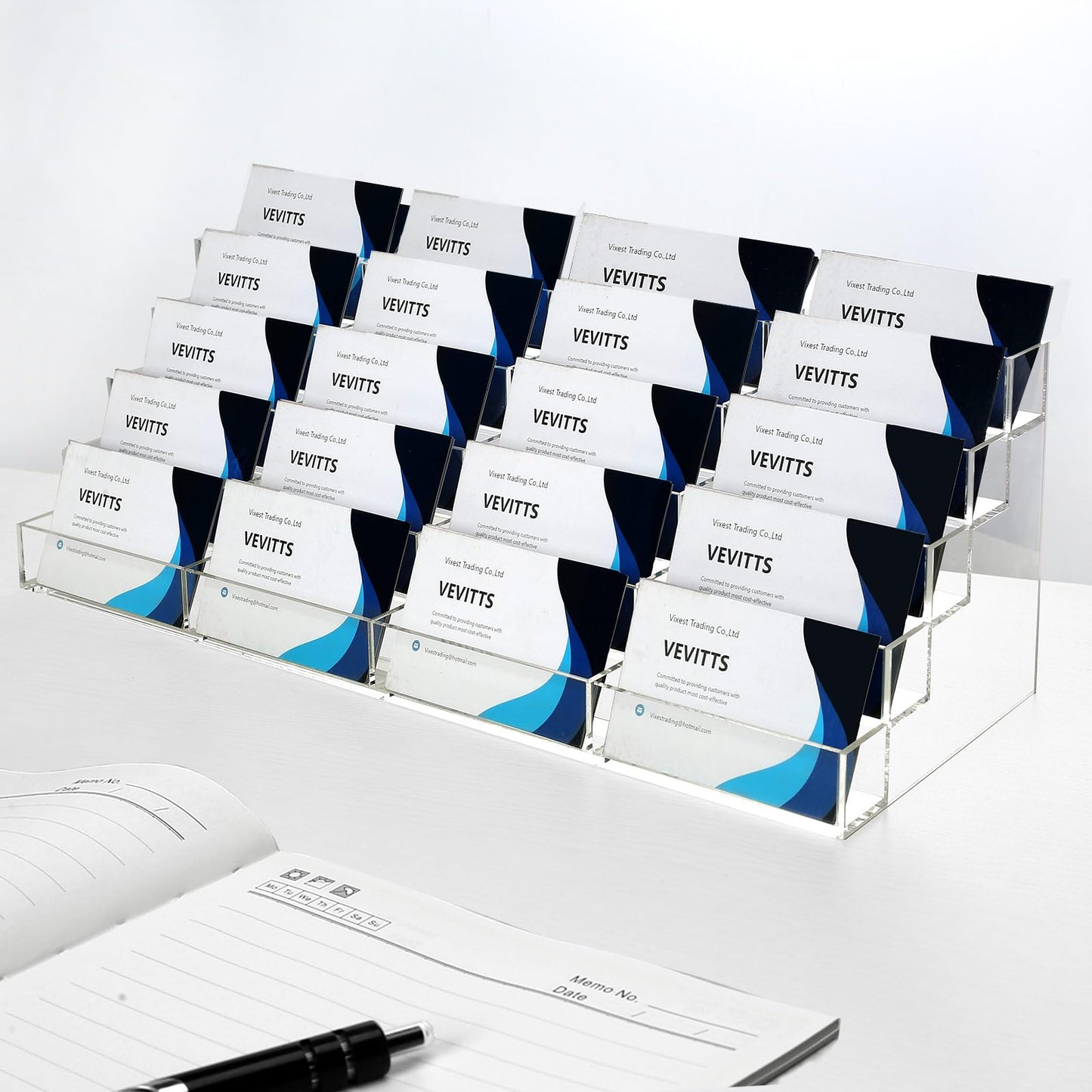 Vevitts 20 Slots Acrylic Business Card Holder, Clear Plastic Desk Business Card Stand, Multi-Card Display Rack for Office Home School Recipe Brochure File