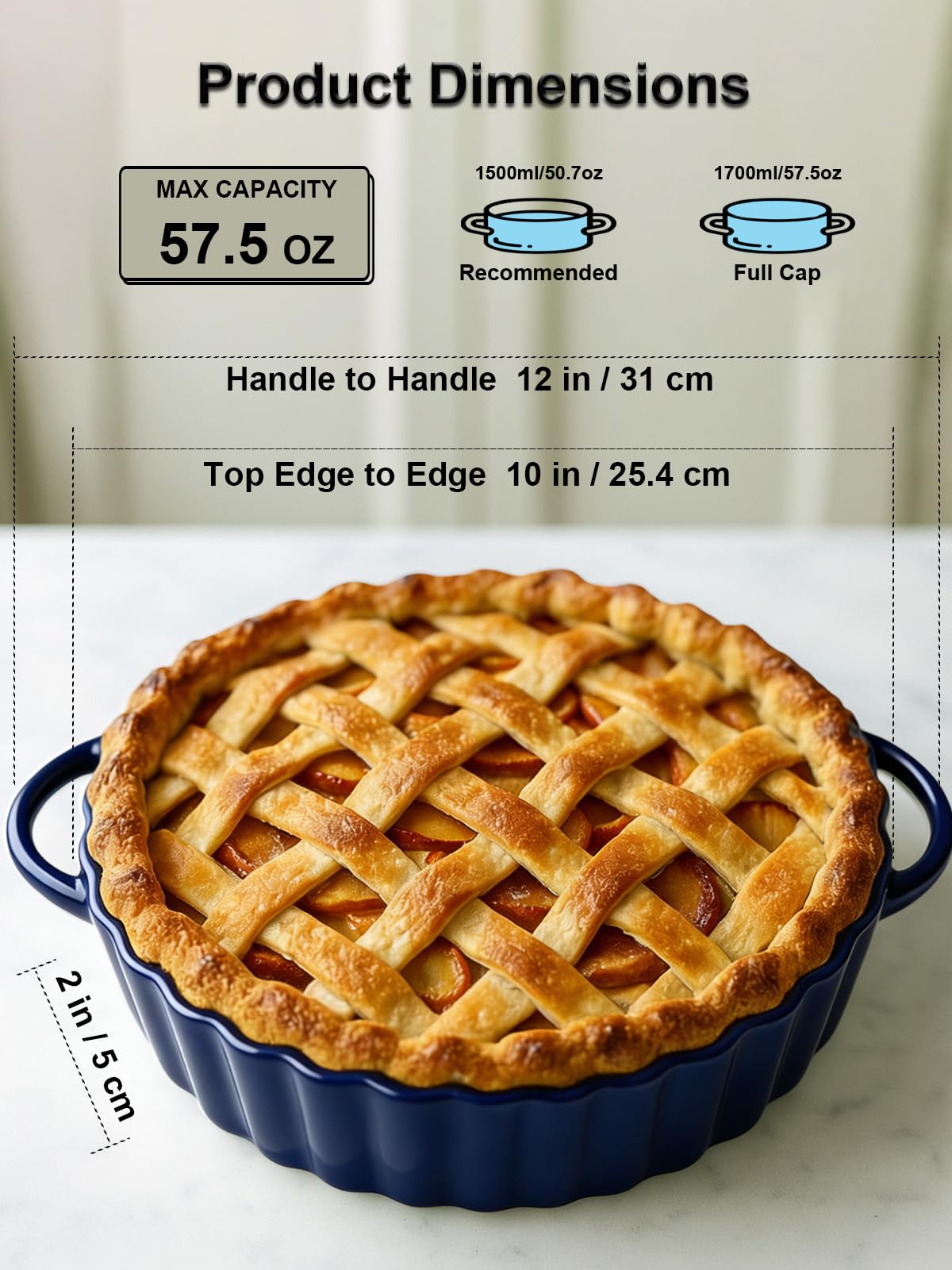 Yamteck 10×2in Deep Ceramic Pie Pan with Handles for Pie Quiche Tart Baking. Easy to grip, Lead-Free. Casserole Lasagna Dish for Thanksgiving Christmas Gift. Oven Microwave Dishwasher Safe. Blue