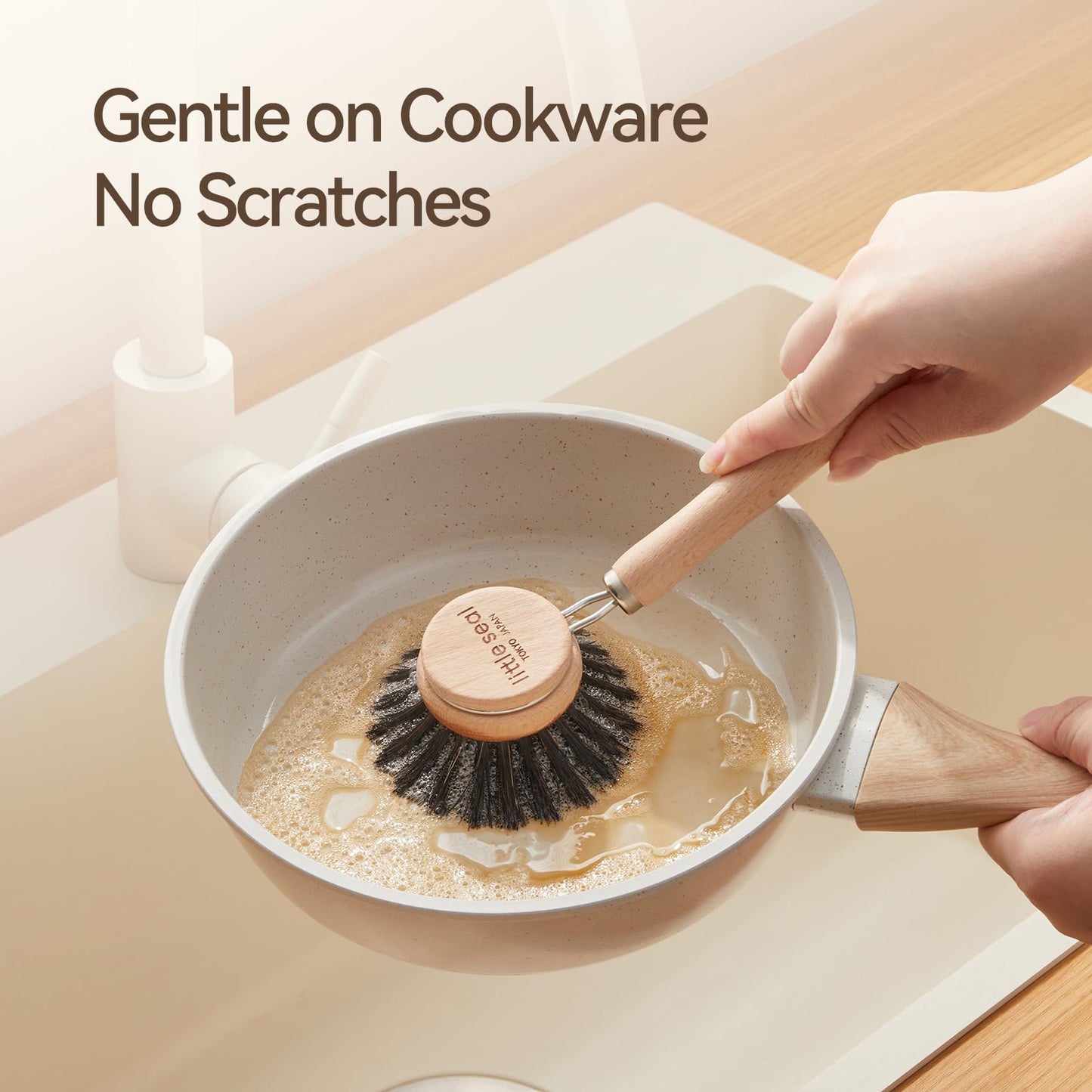 Dish Brush Set of 2, Wooden Handle Natural Bristle Scrubber, Non-Scratch Grease Absorbent for Non-Stick & Cast Iron Cookware, Kitchen Dishwashing Scrub Brush for Cleaning Dishes, Pots, Pans, Sink