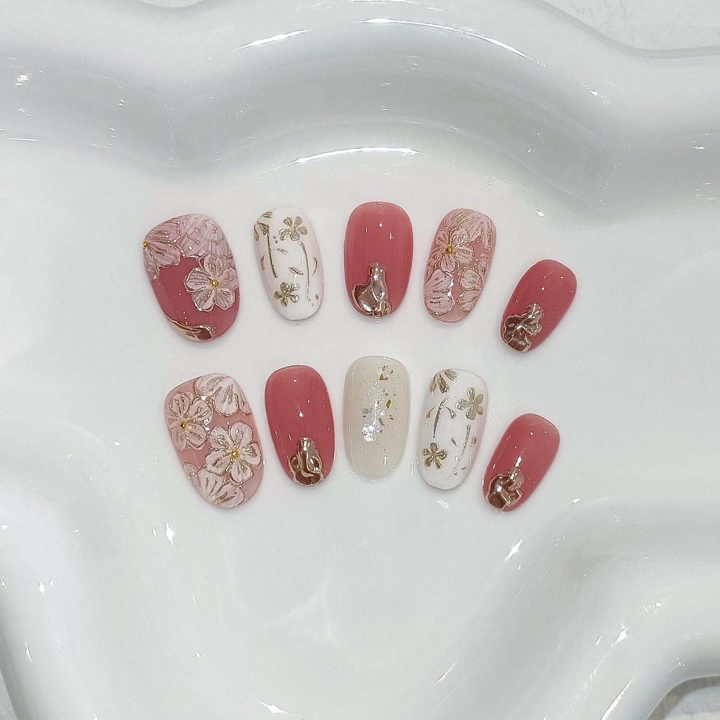 TENPAL Short Oval Press on Nails,Peach Yogurt Base Glue on Nails,Hand-Painted Cloisonné Florals False Nails Press ons,Artisan Chinese Style Fake Nails Kit,Enamel Wire Inlay Nail Art Tools 10pcs(S)