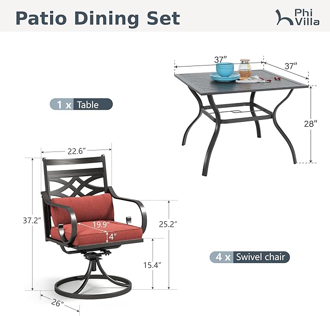 PHI VILLA 5 Pieces Outdoor Dining Set for 4, 37" Square Metal Table with Umbrella Hole & Wrought Iron Swivel Chairs, All Weather Outside Furniture with Red Cushions & Pillows for Patio, Deck, Porch