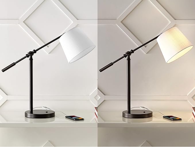 JONATHAN Y 24" Oil Rubbed Bronze 1-Light Iron LED Task Lamp with USB Port, Classic Vintage Industrial Table Lamp with Adjustable Head and Linen Shade, LED Bulb Included JYL1129A