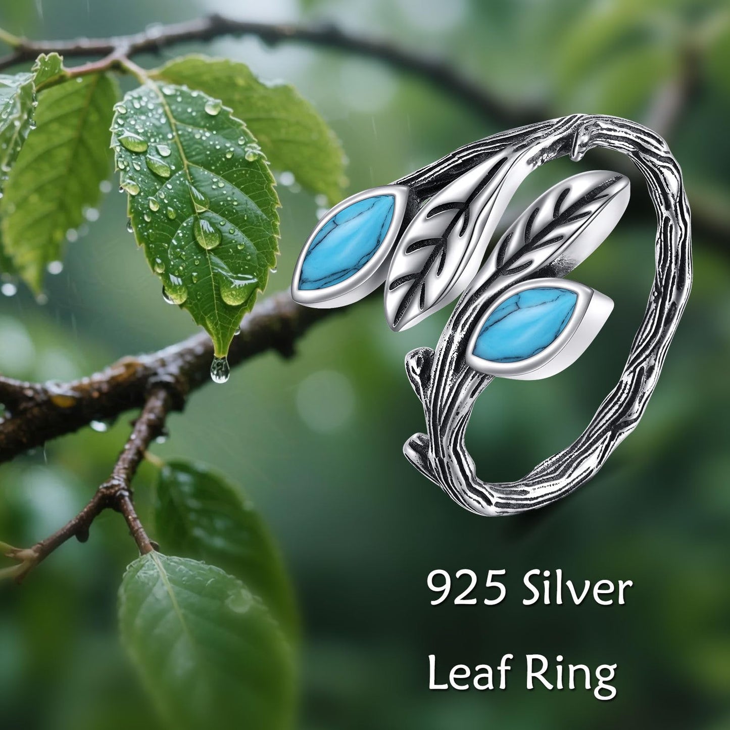 POPLYKE Leaf Turquoise Ring Sterling Silver Boho Adjustable Open Ring Spoon Ring Vintage Thumb Rings for Women