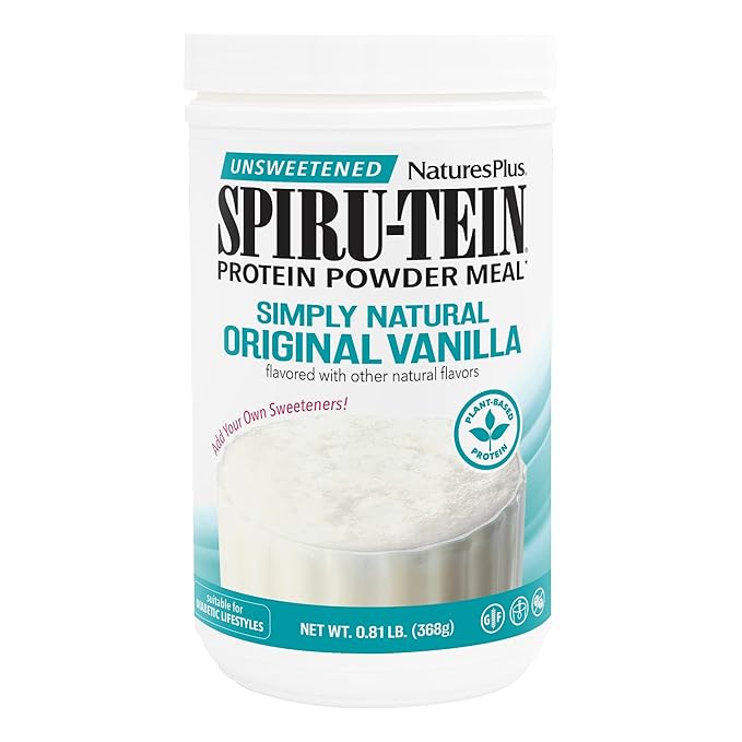 NaturesPlus SPIRU-TEIN Simply Natural, Original Vanilla - 0.81 lb - Unsweetened Plant-Based Protein Shake - Non-GMO, Vegetarian, Gluten Free - 16 Total Servings