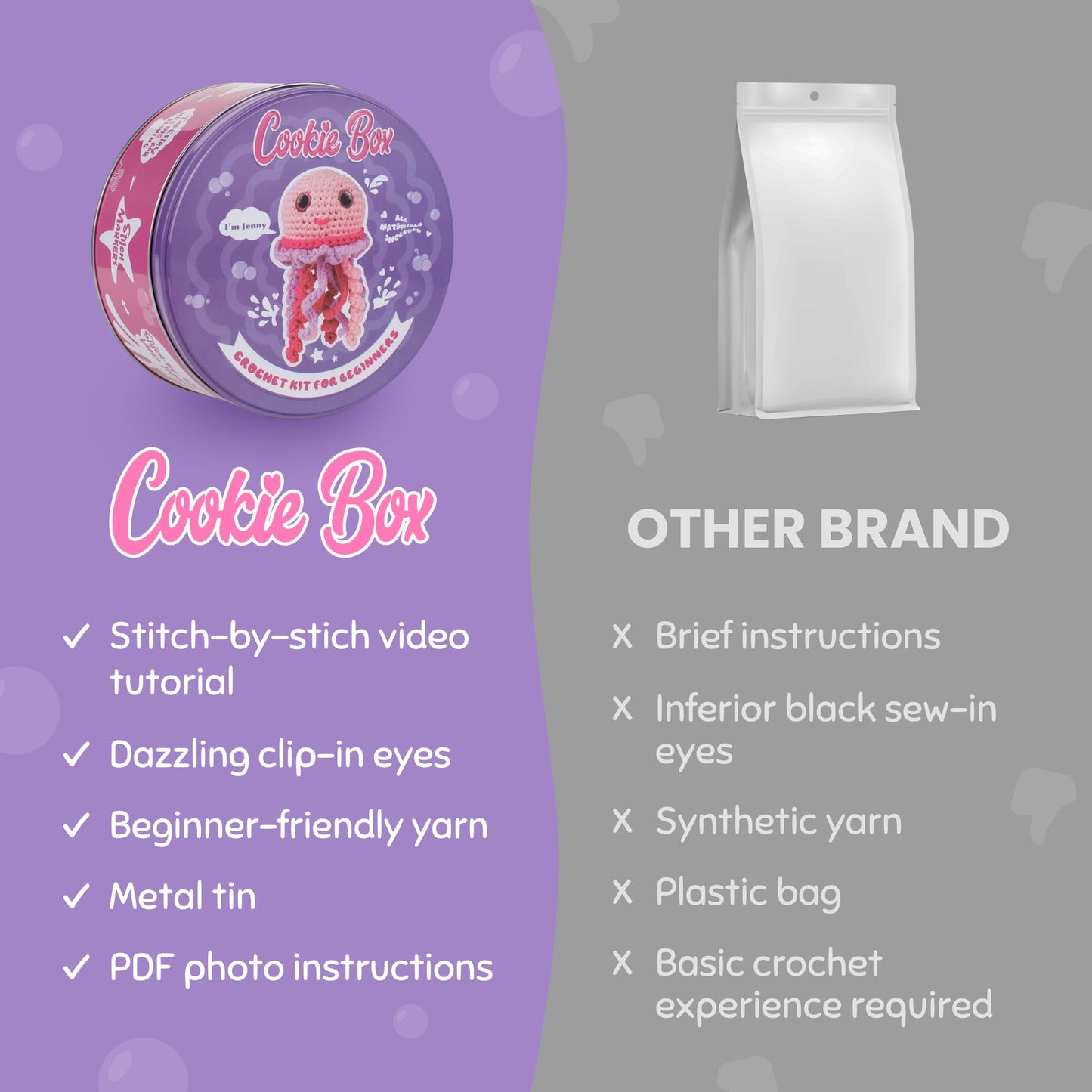 Cookie Box Original Crochet Kit for Beginners – Gift Set to Make Jellyfish Jenny Amigurumi Plushie – Easy DIY Crochet & Knitting Starter Kit with Video and PDF Tutorials