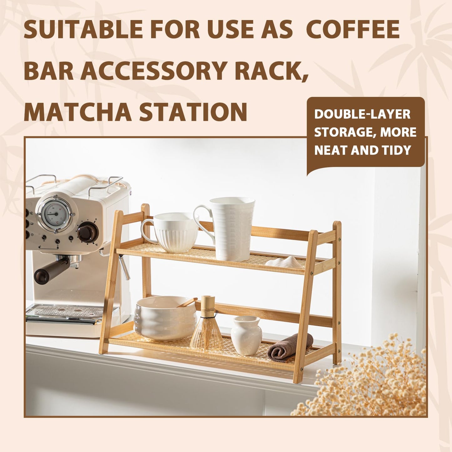 Yalikop 2 Pcs 17.7 Inch 2 Tier Matcha Station Shelf Bamboo Coffee Mug Stand Countertop Storage Rack, Double Layer Rattan Office Cup, Kitchen, Tea, Plant, Bar Accessories Condiment Display (Wood)