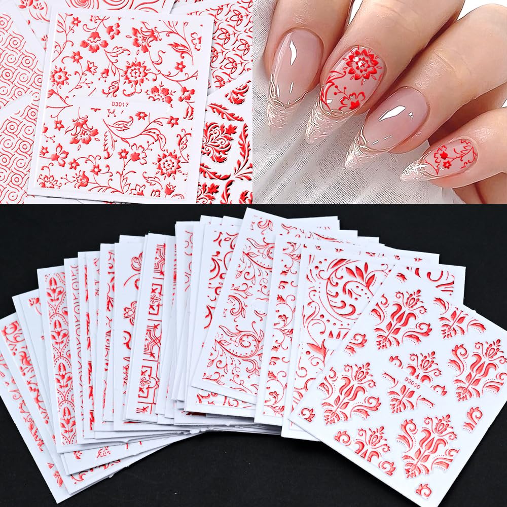 WEIXIWUYU Red Hollow Retro Floral Vine Nail Art Stickers Laser Silver Lace Design Nail Supplies 3D Self-Adhesive Nail Stickers for Women Girls DIY Manicure Slider Decorations 30 Sheets