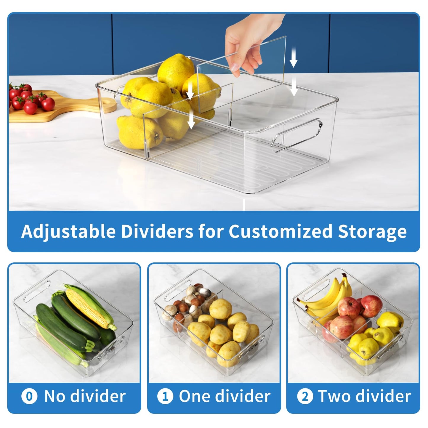 Mpotmiy 6 Pack Pantry Organizers and Storage,Clear Plastic Containers with 2 Dividers for Kitchen,Fridge Organization and Storage,Acrylic Bins for Pounches,Spice Packet,Snack organzier
