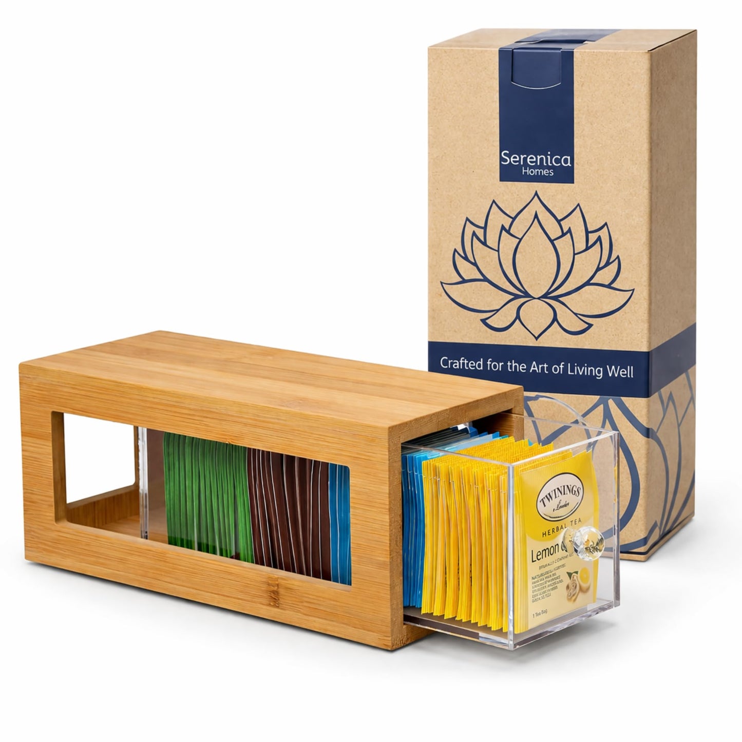 Serenica Homes Bamboo and Acrylic Drawer Tea Bag Holder- Durable & Elegant Tea Bag Storage Holder for Kitchen Countertop, Space-Saving Tea Drawer Organizer