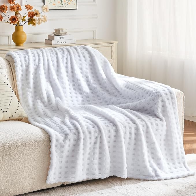 NEWCOSPLAY Super Soft Throw Blanket White Premium Silky Flannel Fleece 3D Waffle Checkered Lightweight Bed Blanket All Season Use (White, Throw(50"x70"))
