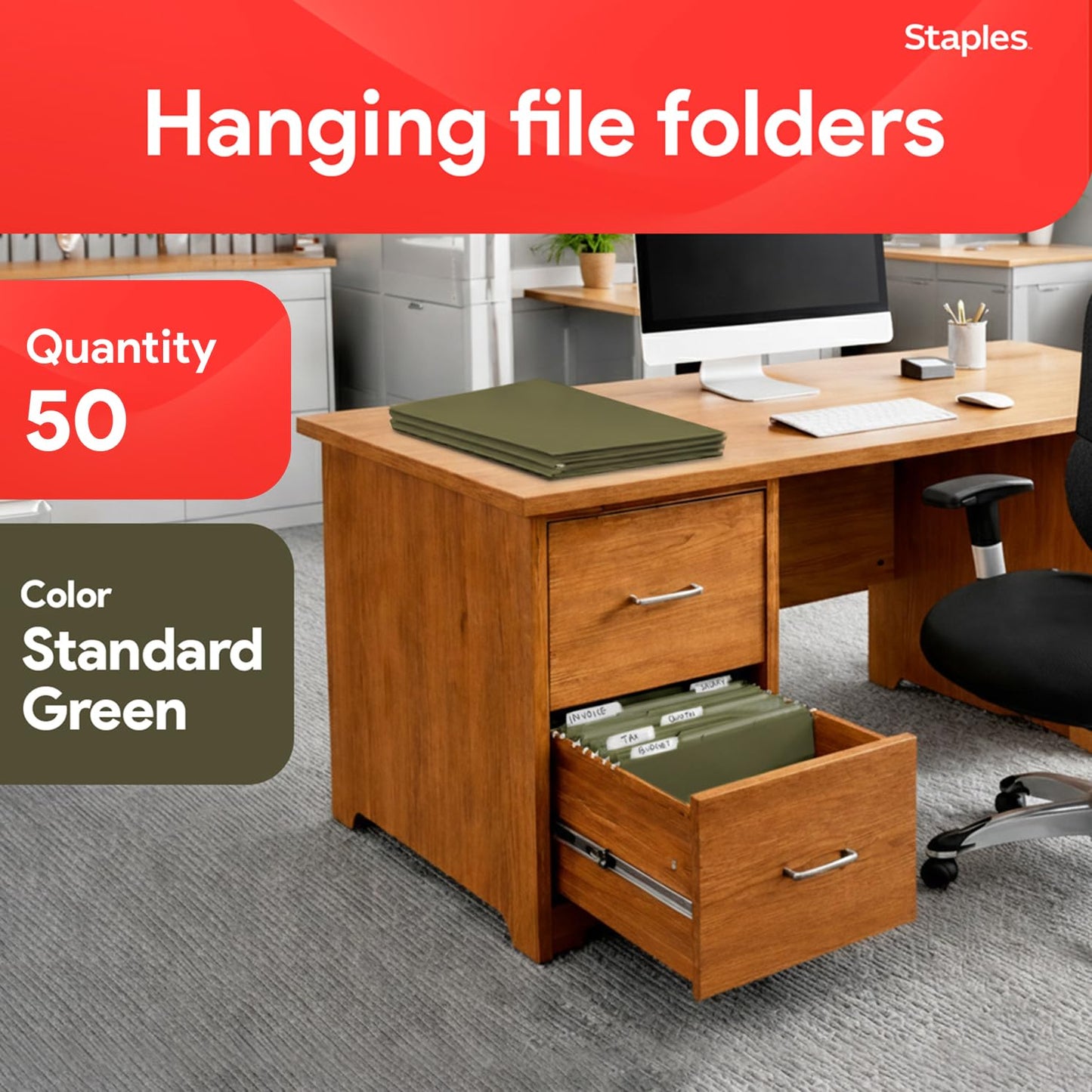 Staples Hanging File Folders, Legal Size, 1/5‑Cut Tabs, Standard Green, Includes Tabs & Paper Inserts – 50/Pack