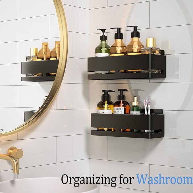 Shower Shelf, 2-Pack, Heavy-Duty Bathroom Storage Shelf, Large Capacity No-Drill Bathroom Organizer, Black Metal Storage Basket, Adhesive Installation