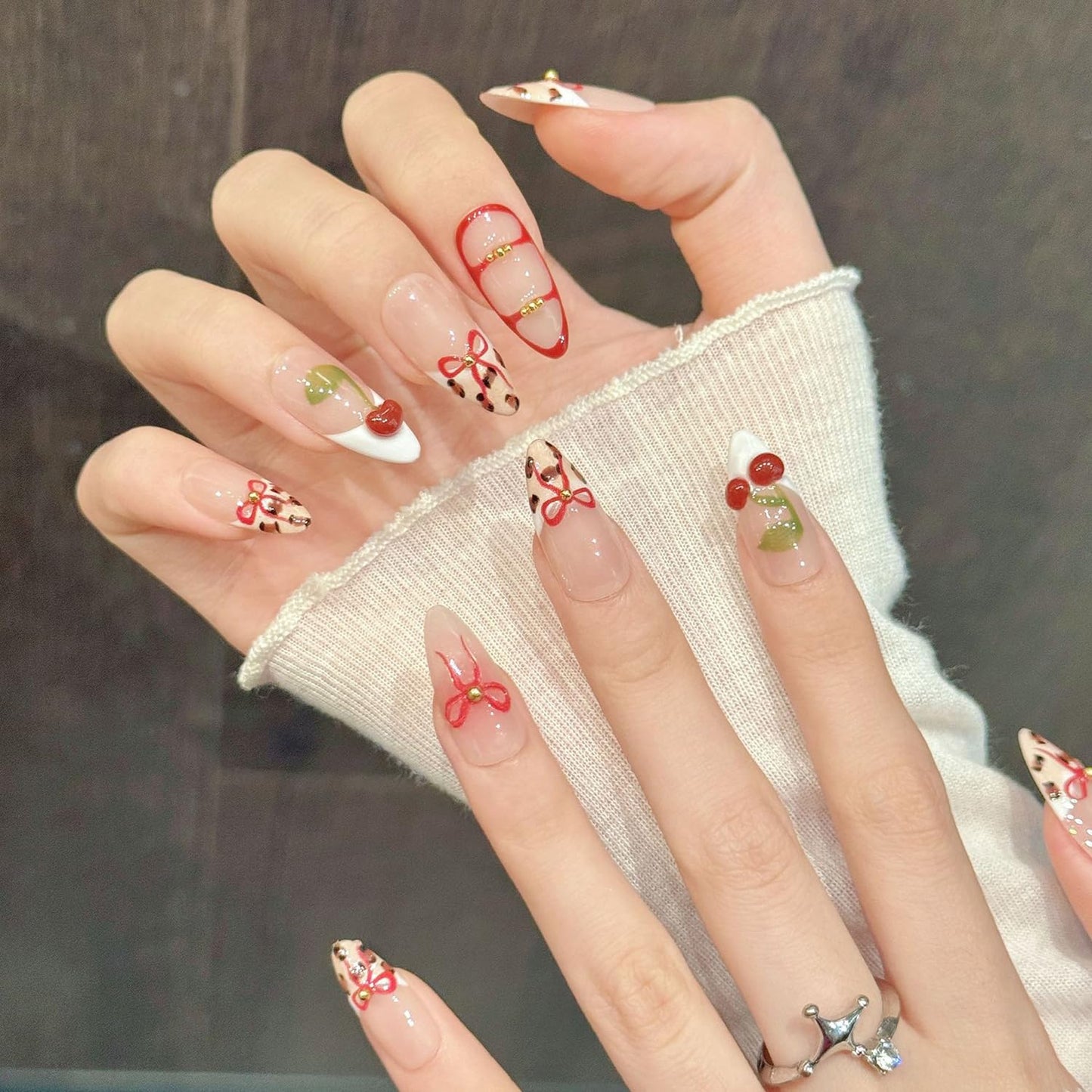 Luxury Press on Nails Medium Almond Handmade 3D Unique Reusable Fake Nails French Tip False Nails with Bow Cherry Designs Nude Leopard Print Glossy Glue on Nail Thick Acrylic Nail for Women10Pcs（S)