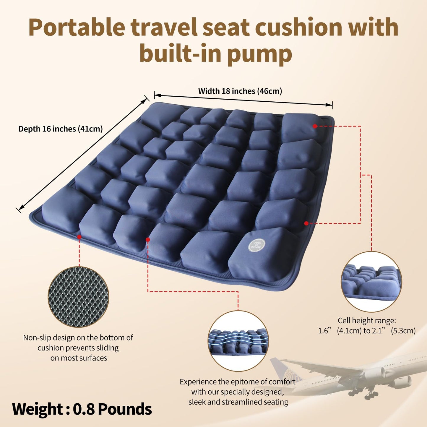 ANMSVI Inflatable Seat Cushion with Built-in Pump for Airplane Travel, Car & Office Chair - Portable Air Pad for Sciatica, Coccyx & Tailbone Pain Relief - 3D Air Cell Support for Long Sitting, 0.8lbs