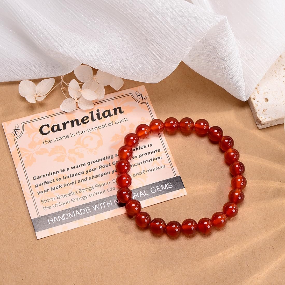 MASSIVE BEADS Carnelian - Stone of Luck - Handmade Yoga Stretch Elastic Bracelet Natural Stone Crystal Healing Power Energy Gifts for Unisex Adult 4mm