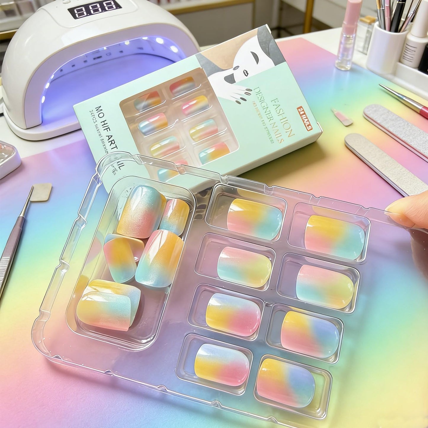Gradient Colorful Press on Nails Short Square Fake Nails Sparkly Glitter False Nails with Candy Color Designs Glossy Stick on Nail Reusable Artificial Summer Nails for Women Manicure 24Pcs