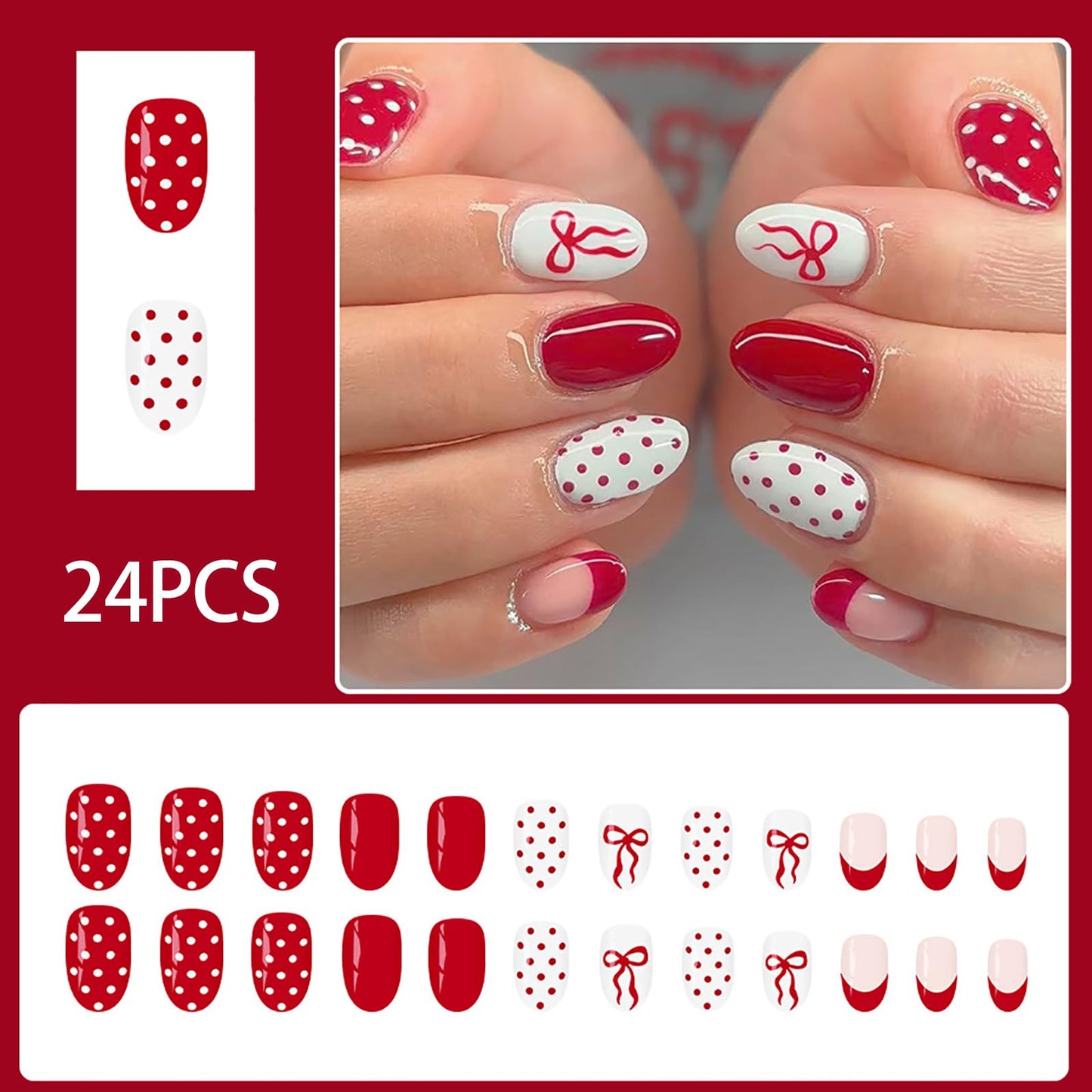 24Pcs Short Almond Press on Nails Cute Bow Polka Dot Press on Nails Valentines Fake Nails French Tip False Nail Red White Full Cover Artificial Nails Press ons Cute Reusable Stick on Nails for Women