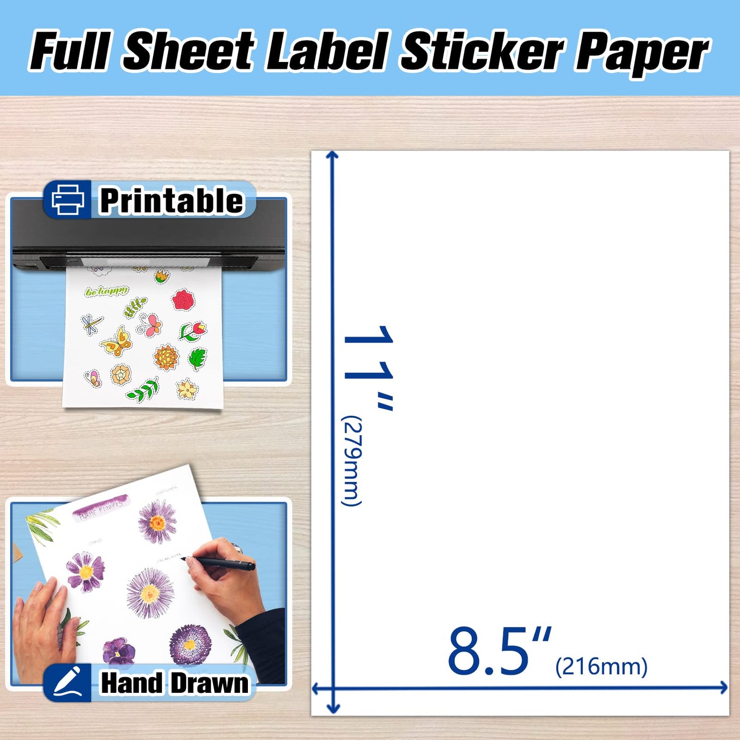 Koala 100 Sheets Sticker Paper for Regular Labels, Matte White, 8.5x11 Inch Printable Full Sheet Label Paper for Inkjet & Laser Printers