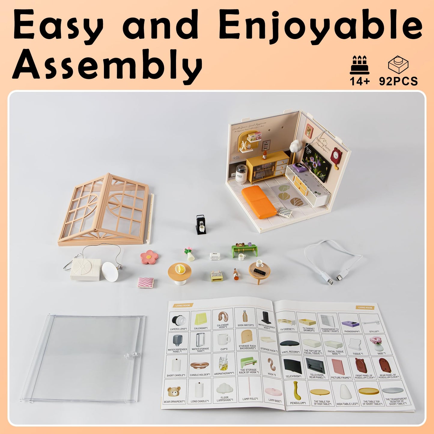 BeepZipp Modern Living Room DIY Miniature House Kit for Adults, 3D Dollhouse with LED Light & Dustproof Door, Stackable Connectable Display Case, Creative Gift for Home Decor Lovers Teens Women