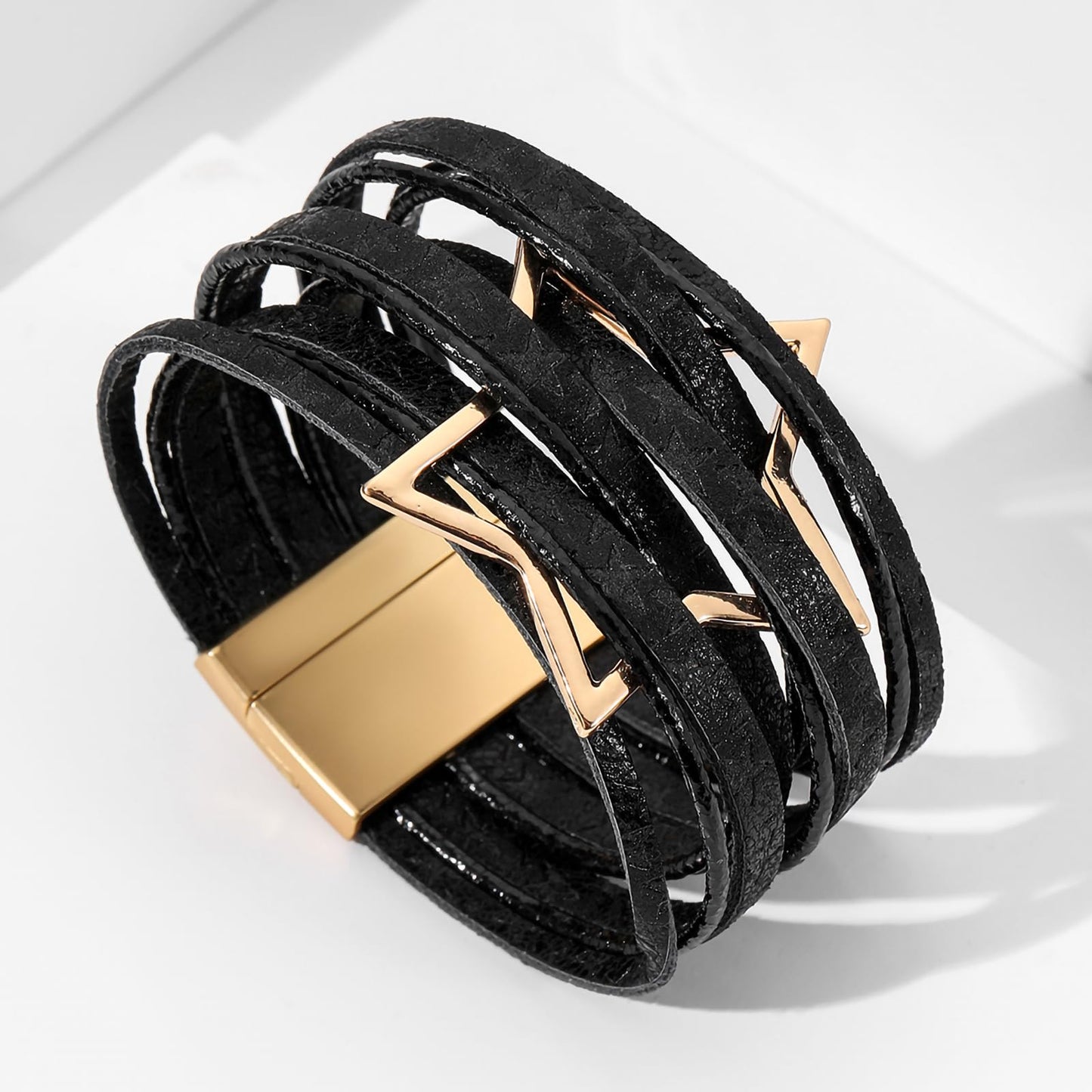 Leopard Bracelet for Women, Boho Leather Wrap Multi-Layer Pearl Crystal Bracelet Bangle Jewelry (Star Leather(Black))