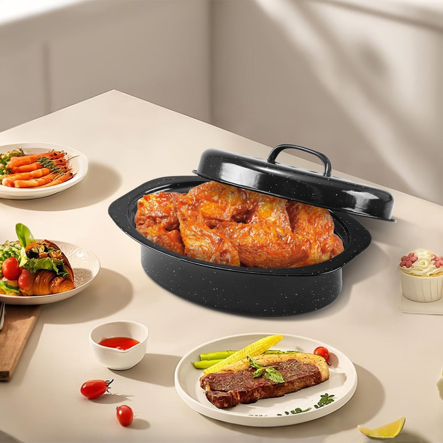 DIMESHY 13Inch Roasting Pan, Enamel on Steel, Black Covered Oval Roaster Pan with Lid, Small Cookware for Turkey, Small Chicken, Roast Baking Pan.
