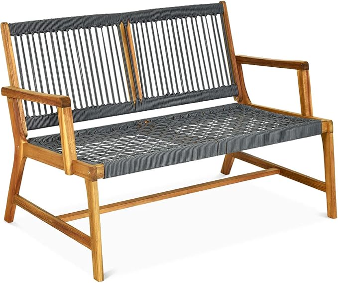 Tangkula 2-Person Patio Acacia Wood Bench Loveseat, Outdoor Patio Rope Bench in Teak Oil Finish, for Balcony Deck Poolside Porch (Grey)