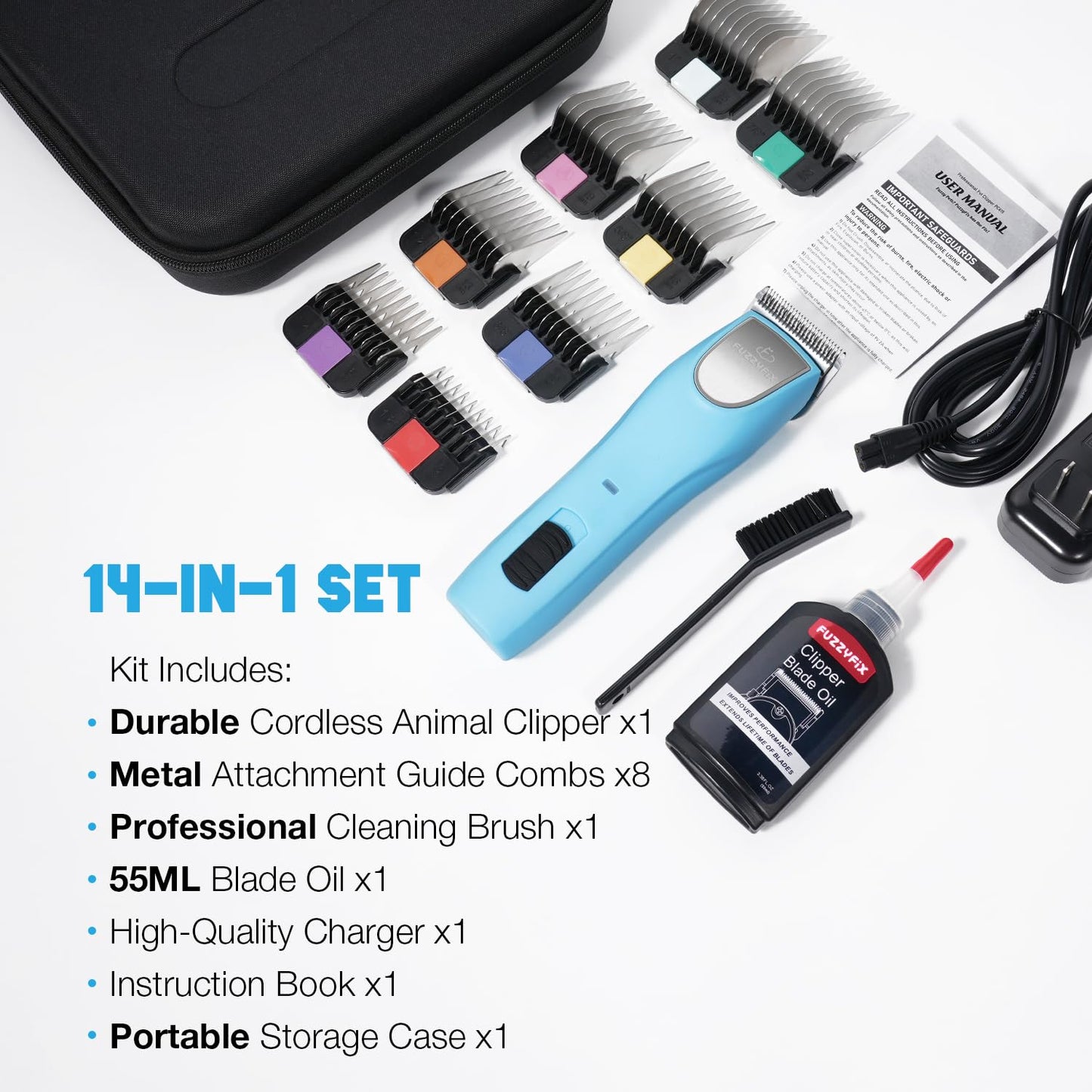 FuzzyFix Professional Dog Clippers for Grooming - 2 Speed for Thick Curly Matted Coats, Low Noise Cordless Pet Hair Trimmer with Detachable A5 Blade & Metal Guide Combs Kit for Horse Animal Breeds