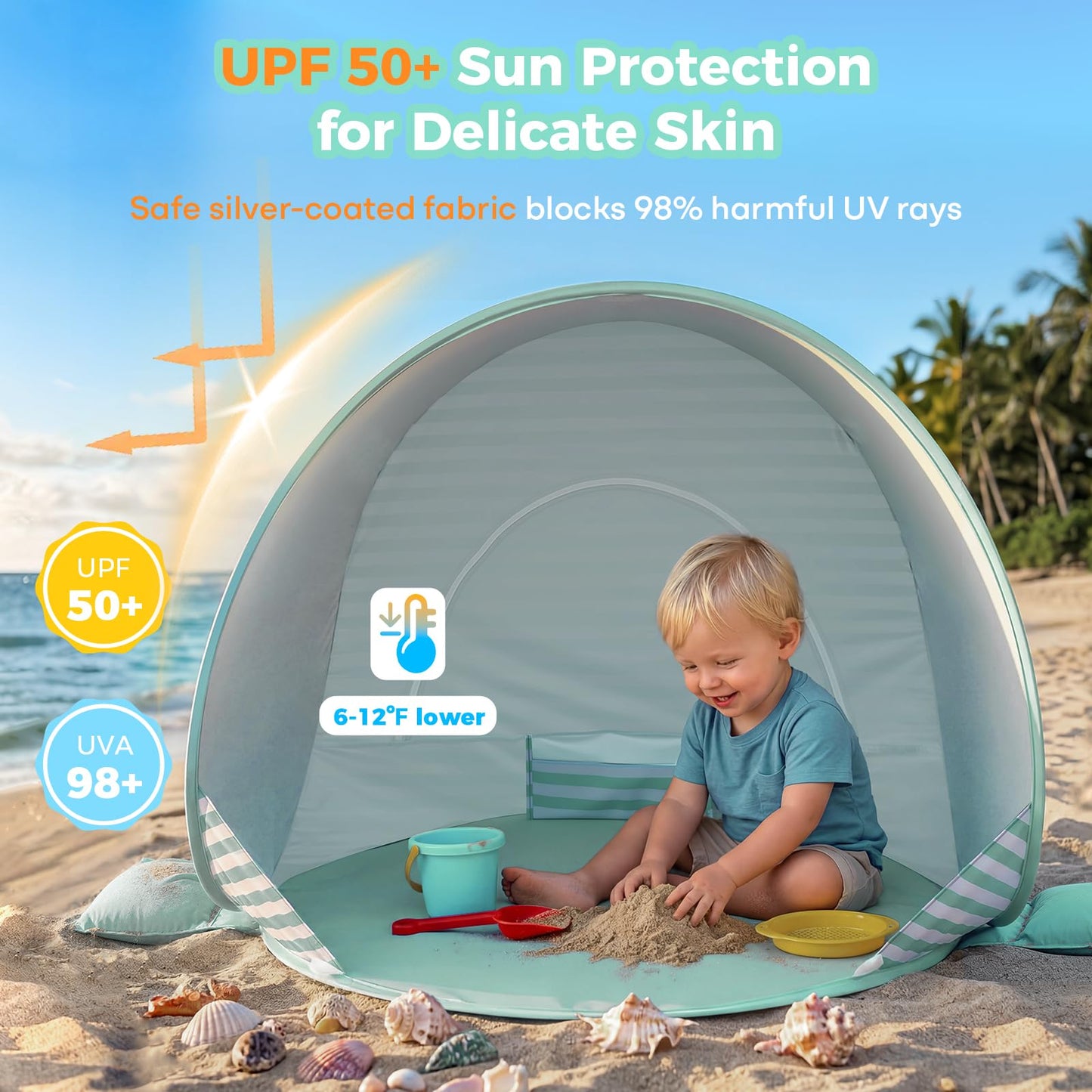 Gorich Pop Up Baby Beach Tent with UPF50+ UV Protection, Portable Toddler Sun Shelter with Mesh Ventilation, Lightweight & Foldable Play Shade Tent for Beach, Park & Backyard
