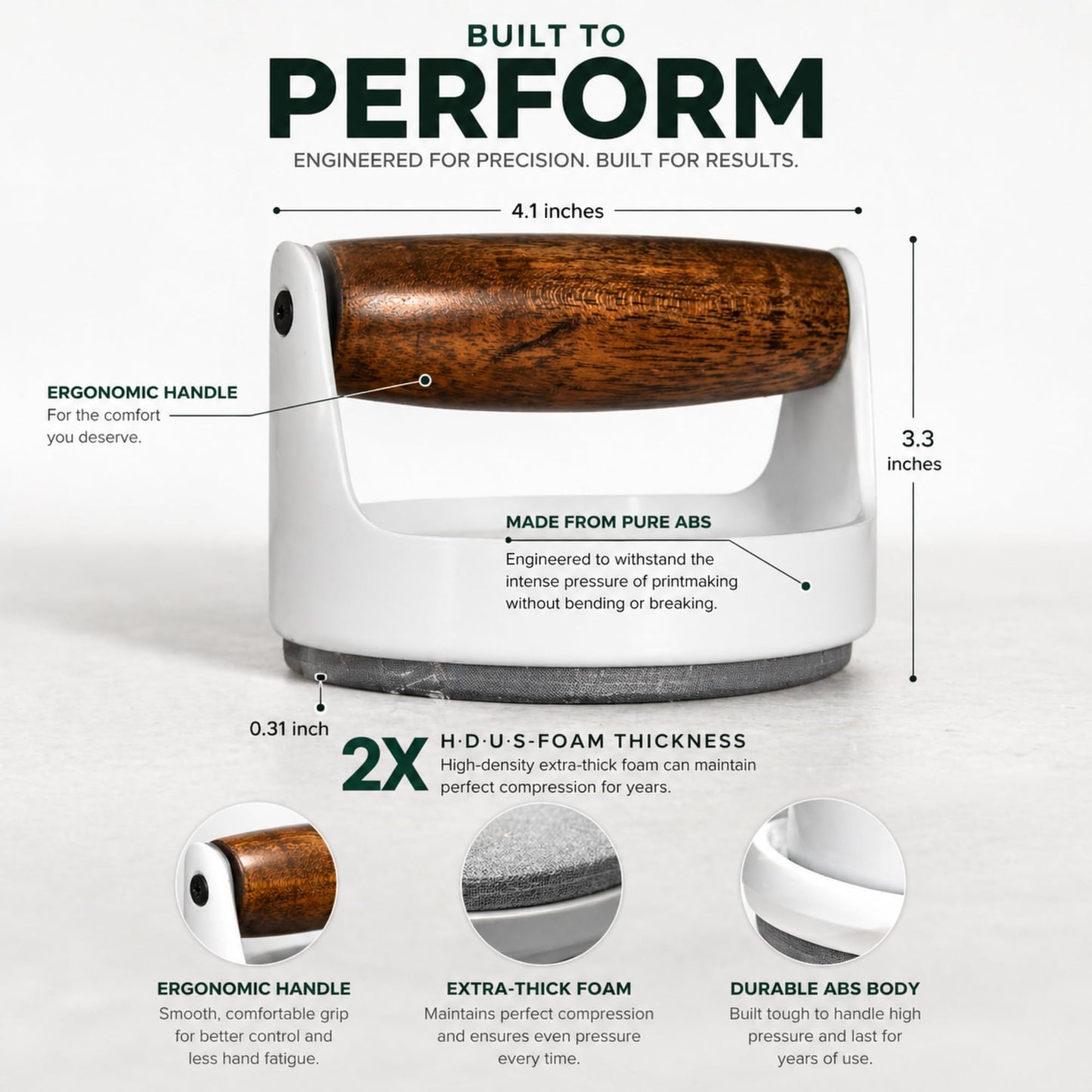 Leoball® Block/Gel Printing Baren– with 3 Layer Tech: Soft Foam Layer Covered in Smooth Nitex Nylon Along with Smooth-Glide Plastic Film. Features Comfortable Wooden Handle. Pro Baren - 4 inches