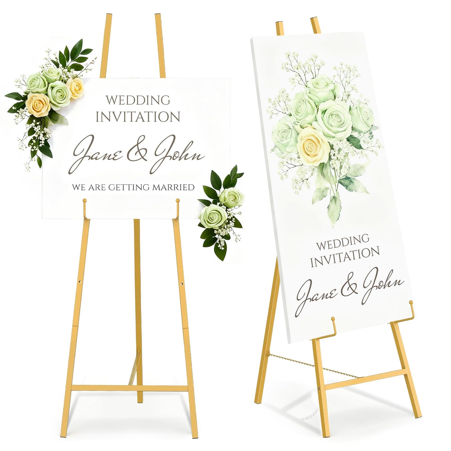 Garvee 2 Pack Welcome Sign Stand, 57.5" Display Easel Stand for Sign with Adjustable Height Chain, Heavy Duty Art Easel for Paintings, Posters, Baby Showers, Birthday Parties, Gold