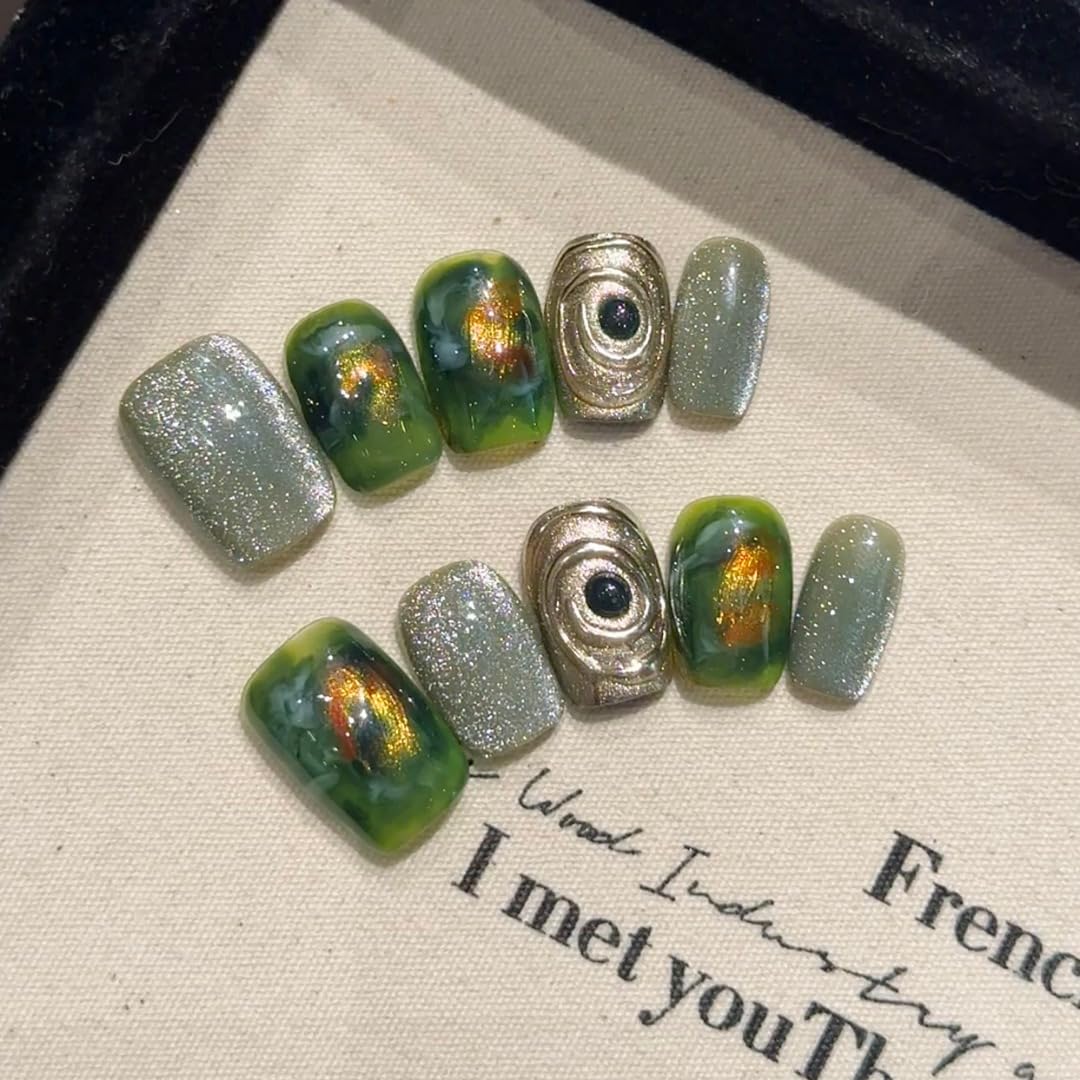 Light Luxury Handmade Green Marble Effect Press-On Nails, Reusable Glitter Artificial Nail Art Set with Gold Wire Design, Salon Quality Manicure Kit (S)