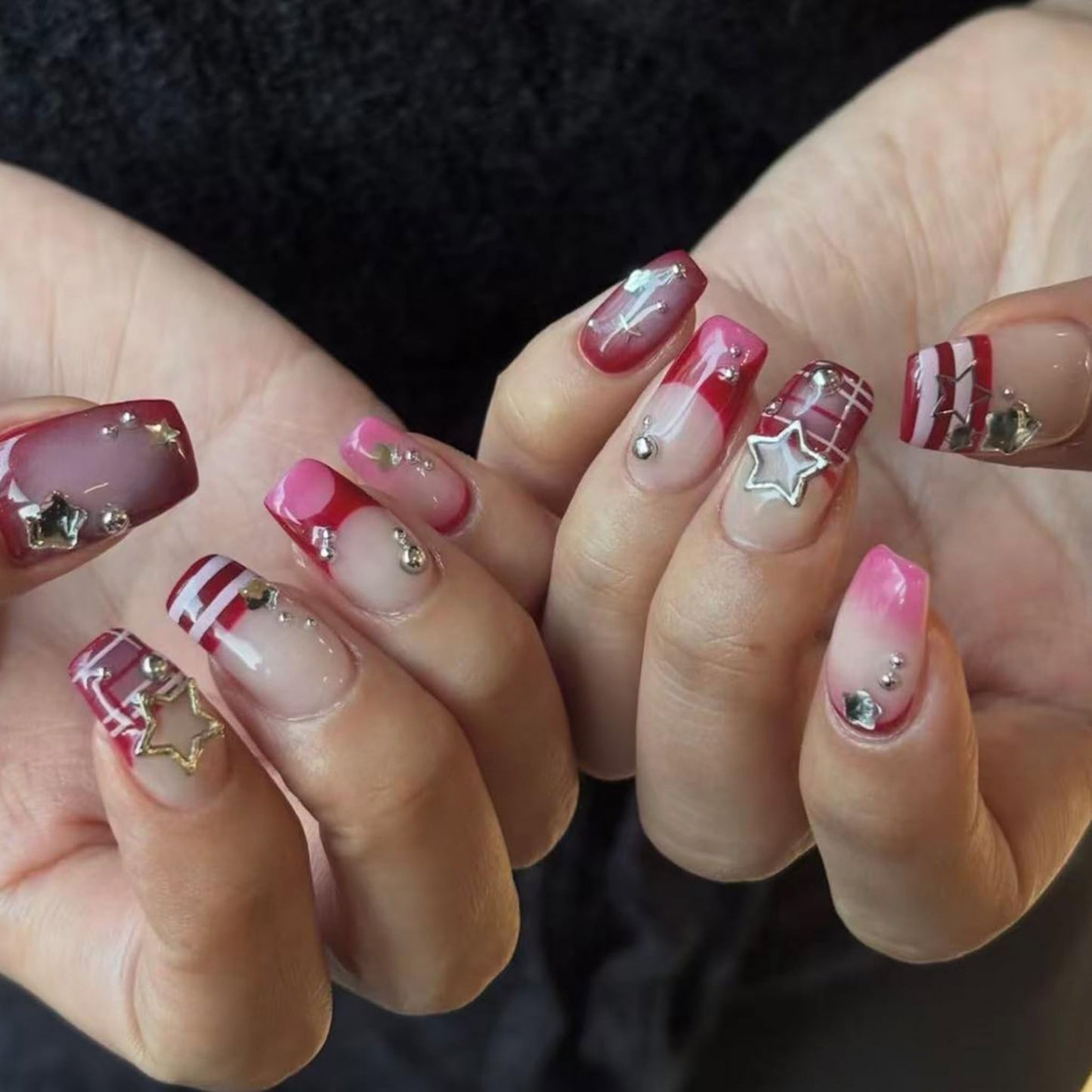 Square Press on Nails Medium Fake Nails Red Artificial Nail Seeneey y2k Designs Rhinestones Stick on Nail for Women 24pcs