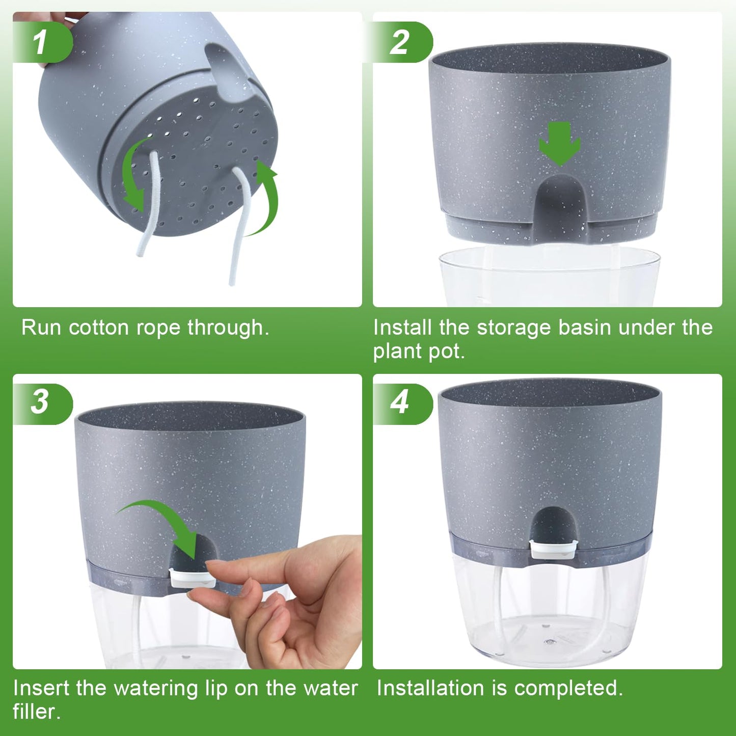 Oliz 6 Inch Self Watering Pots for Indoor Plants, 6 Pack Grey Plastic Flower Pots with Drainage Holes for African Voilet Herbs All House Plants (Include 1 Spray Bottle)
