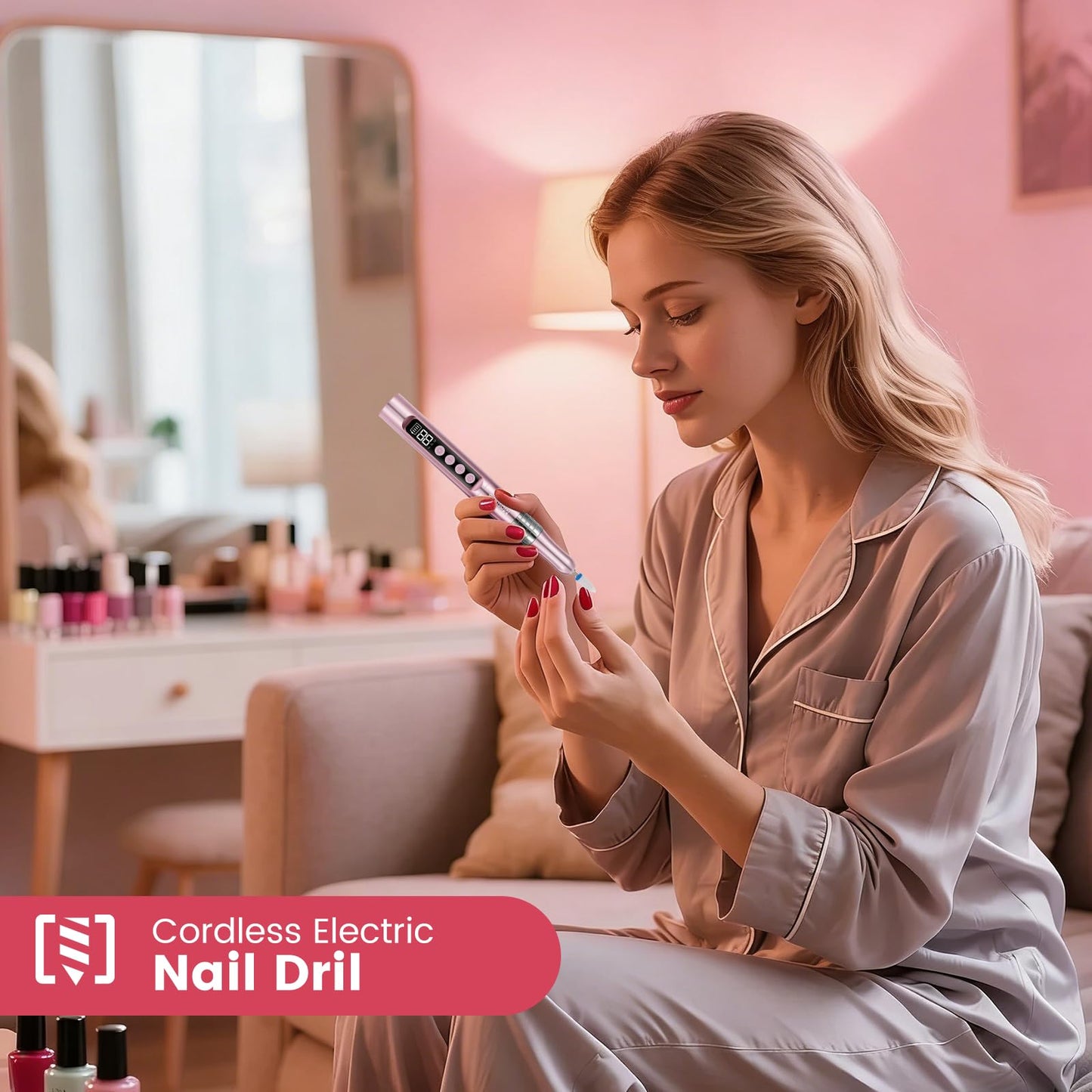 Cordless Nail Drill 35000RPM, Electric Nail File Kit with UV Light, Portable Nail Tools with Compact Design for Acrylic Gel Nails, Manicure Polishing, Shaping & Gel Removal at Home for Beginners, Pink