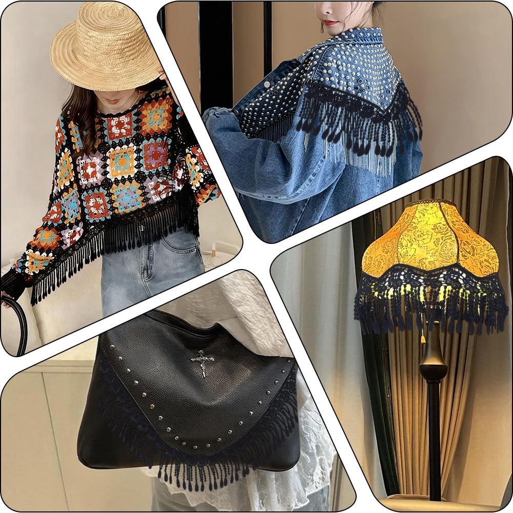 CABODYALS 5 Yards 3 5/8 Inch Wide Black Lace Fringe Trim Embroidery Trimmings Braid Fabric Polyester Crochet Floral Tassel Durable Ribbons for Sewing Making Dress Curtain Wedding DIY Craft Supply