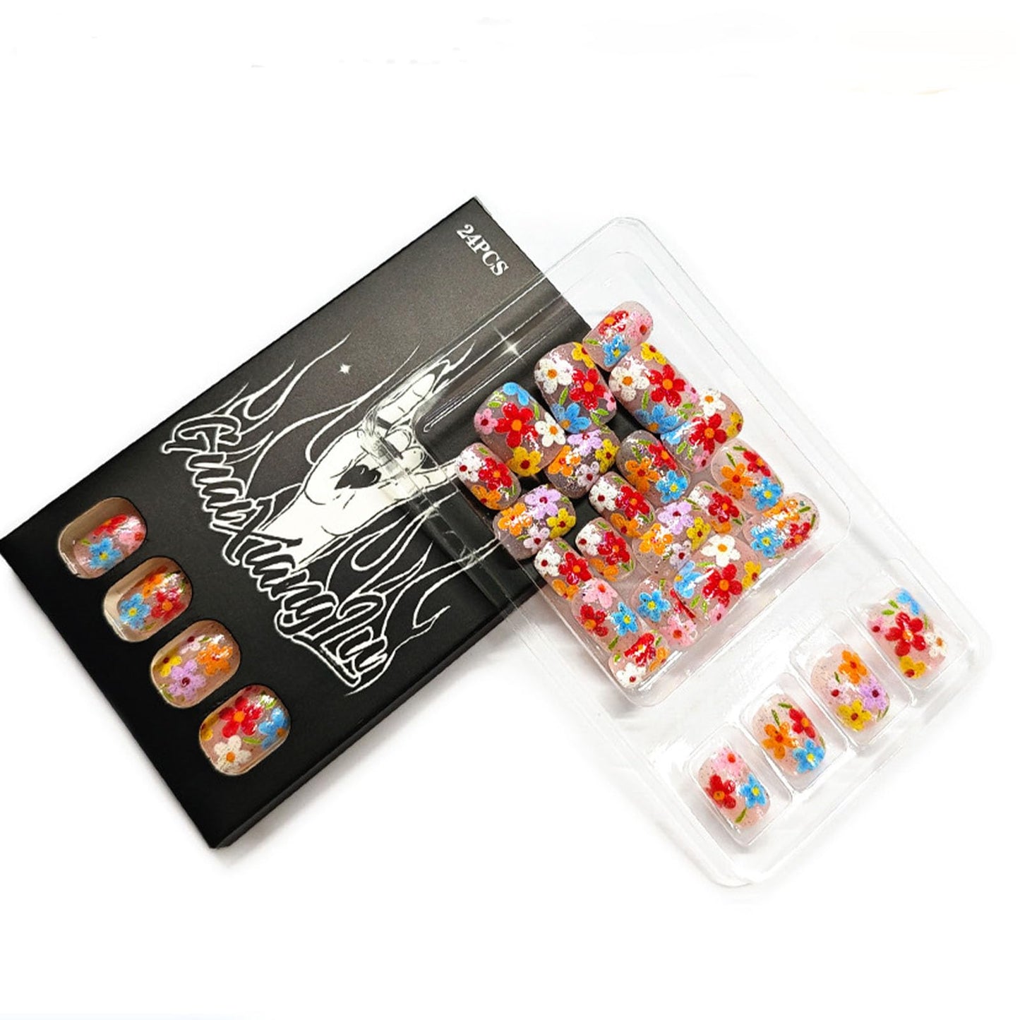 Square Press on Nails Short Fake Nails with Glitter Flower Designs Nails Press ons Colorful Glue on Nails Glossy Acrylic Nails Cute False Nails Spring Summer Stick on Nails for Women 24Pcs