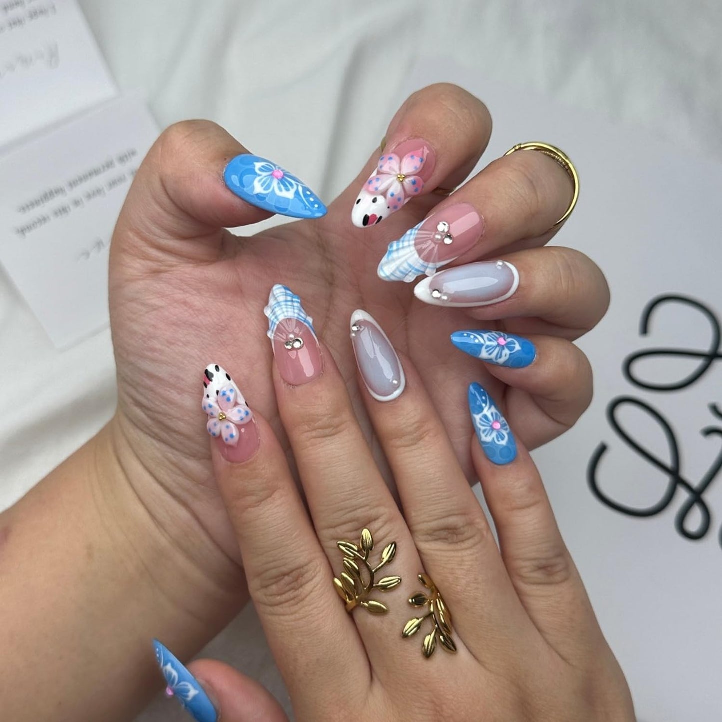 10PCS Handmade Press on Nails Medium Length Almond Fake Nails Full Cover Blue with Pearl Rhinestones designs Gel Stick on Nails French Tip Unique 3d Flower False Nails (M Size)