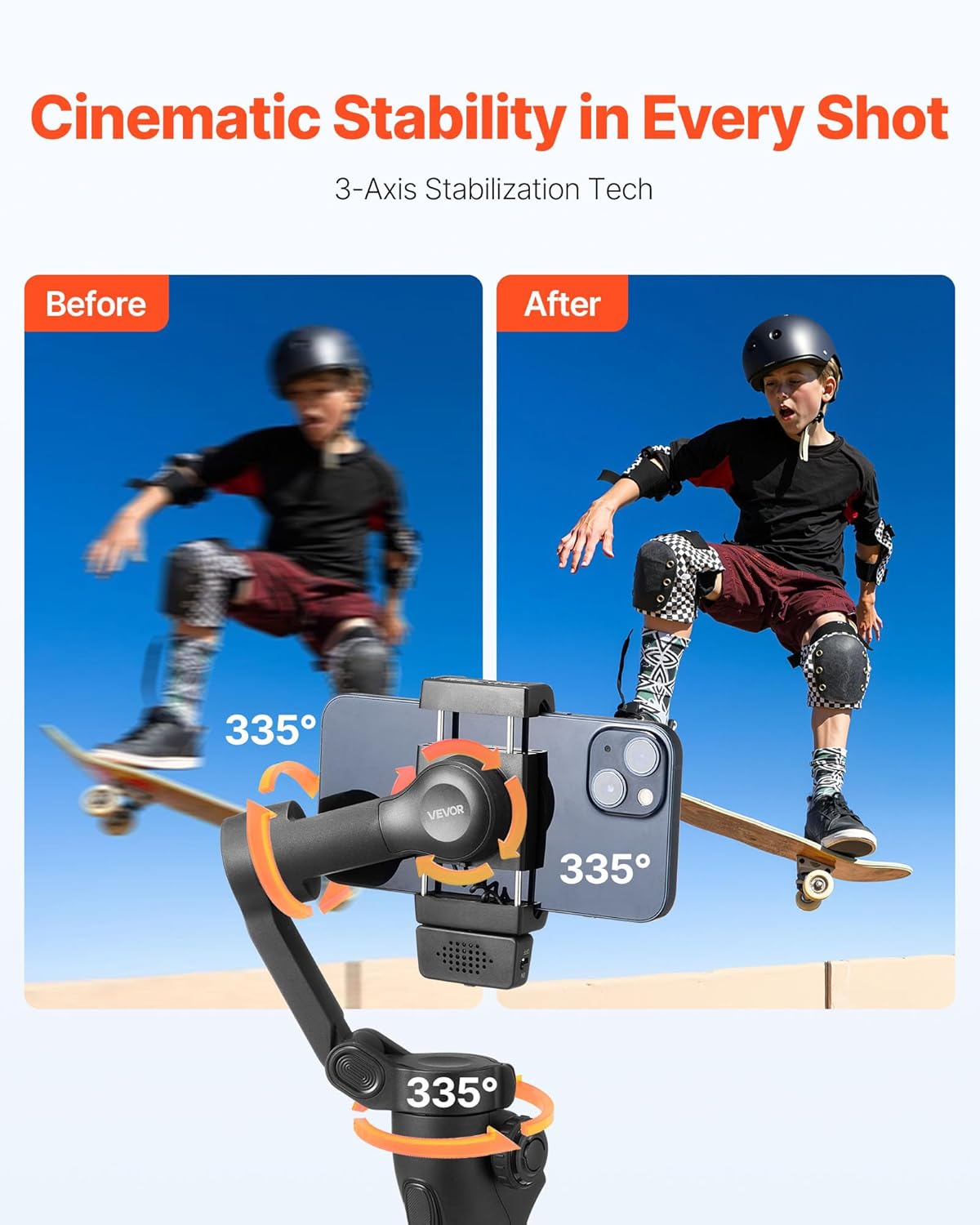 VEVOR Gimbal Stabilizer for Smartphone, 3-Axis Stabilization, AI-Powered Phone Gimbal for Android iPhone with Fill Light, Tripod, Auto Tracking, Portable Foldable Phone Stabilizer for Video Recording