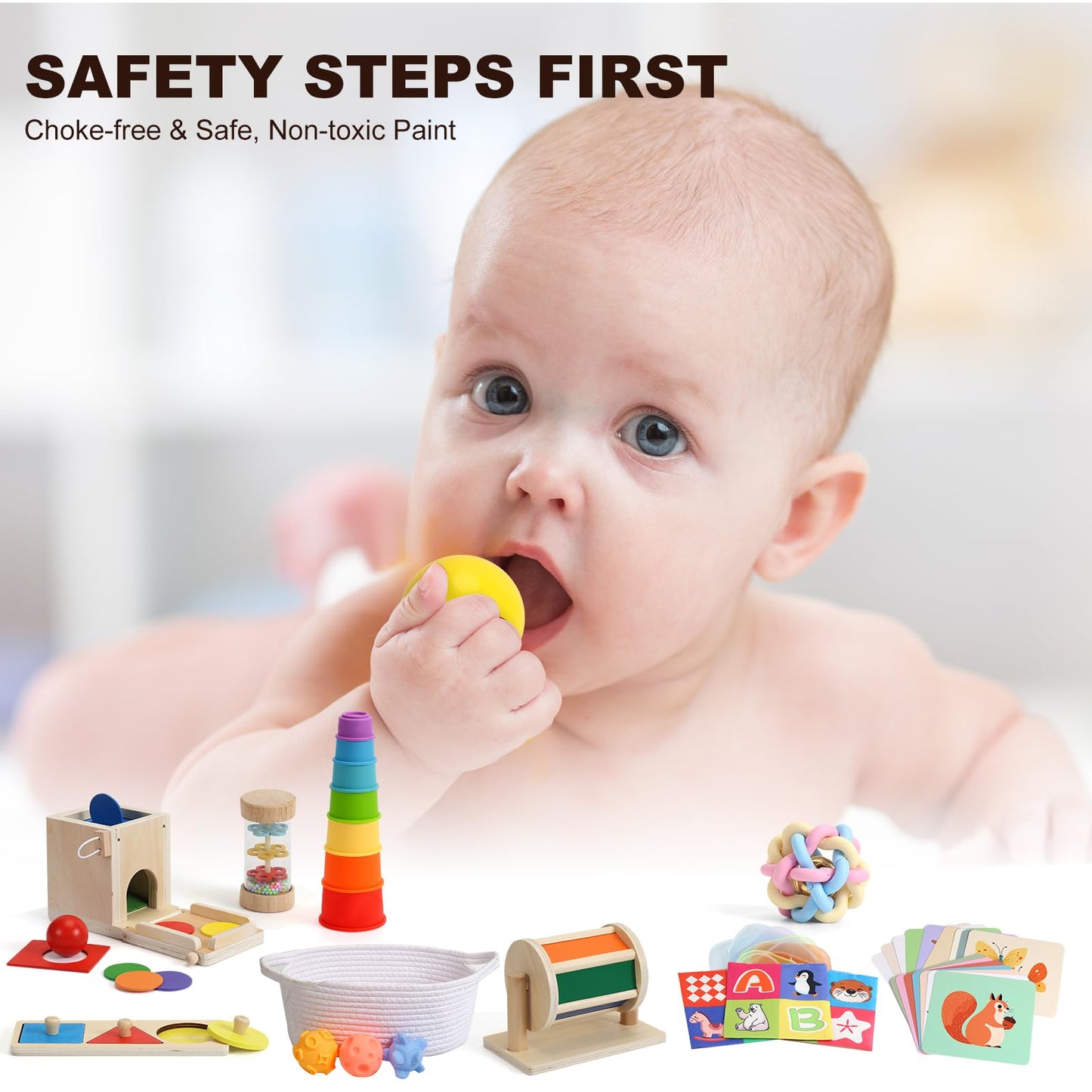 Child-Safe Montessori Educational Sensory Toy Set for Babies and Toddlers 6-12 Months - Must-Have for Early Development - 10 in 1 Wooden Learning Toy kit with Object Permanence Box, Stacking Cups etc