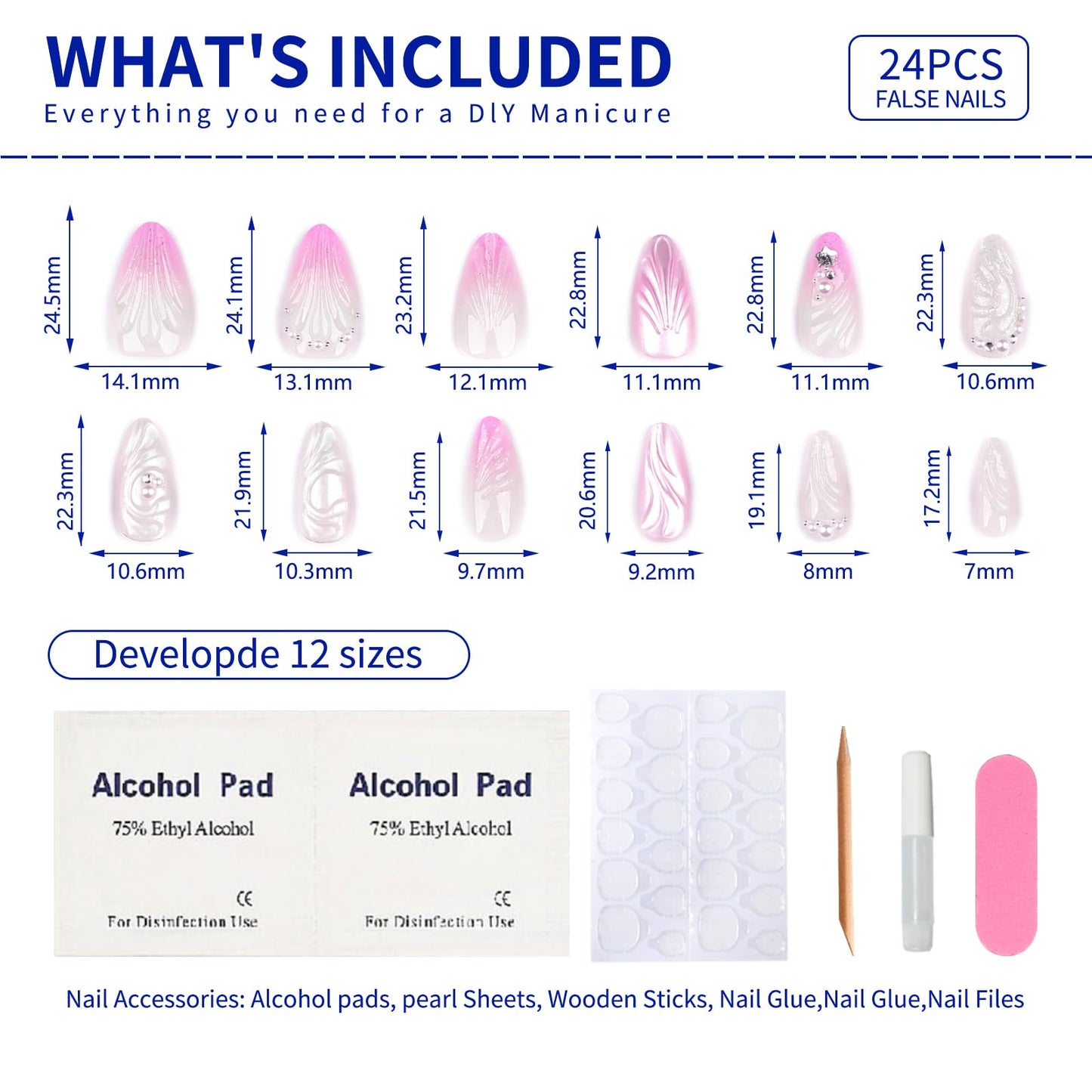 Handmade Almond Shaped Press-On Nails Pink 3D Shell Pearls Medium Long False Nails Crystal Nails Reusable False Nail Kit Glossy Full Cover Glue Nails for Women 24pcs