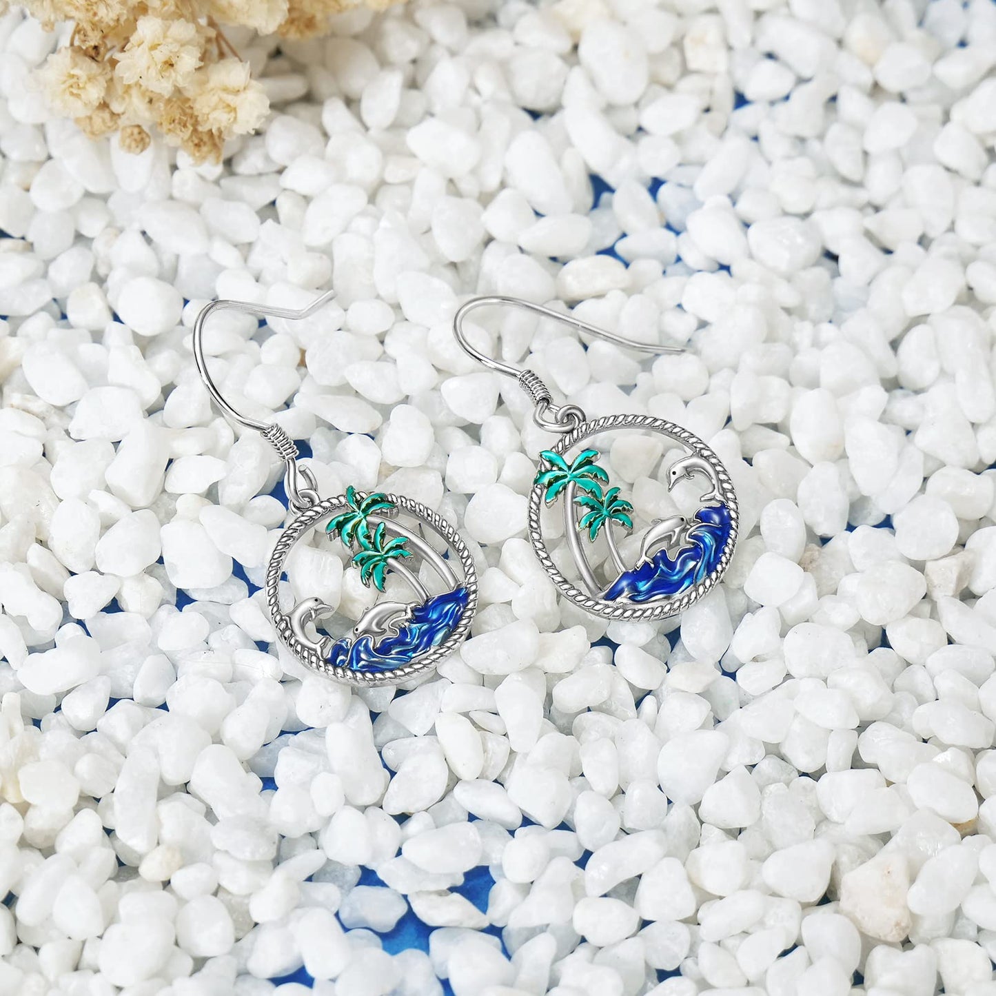 PROESS Dolphin Earrings Sterling Silver Palm Tree Earrings Ocean Wave Jewelry Gift For Women