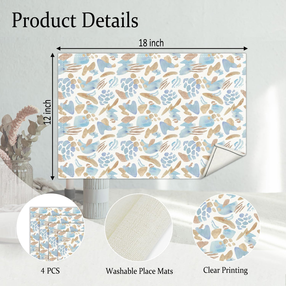 Blue and Brown Placemats Set of 4, Watercolor Table Mat for Home Kitchen, Restaurants, Outdoor Linen Washable Place Mats 12x18 inch Party Event Dining Decoration-07