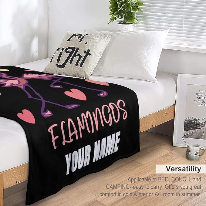 Custom Flamingo Throw Blanket Gifts with Name - 50 x 60 Inches Funny Throws for Teens - Black Fluffy Warm Cozy Blankets for Travel