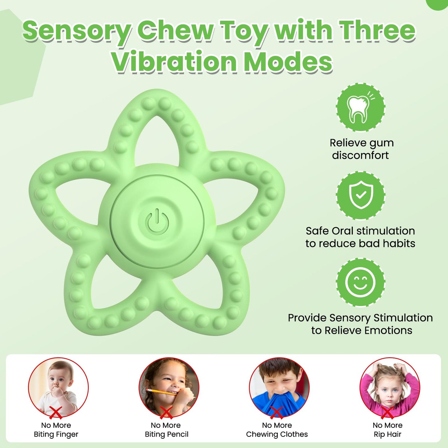 Vibrating Teether for Baby - Dual Use Vibrating Soother for 3-6 Months/6-18 Months & Sensory Toys for Kids with Autisms, Baby Teething Toys with 3 Vibration Modes (Green)