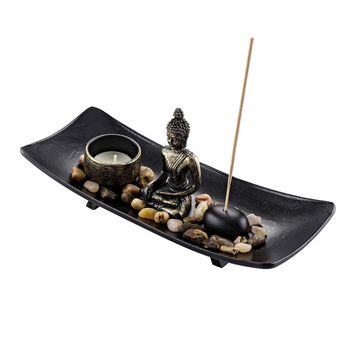 Jovivi Zen Garden Set Buddha Statue w/Tealight Candle Holder, Rocks & Incense Burner Holder & Wood Tray for Yoga Meditation Home Table Decor Gift