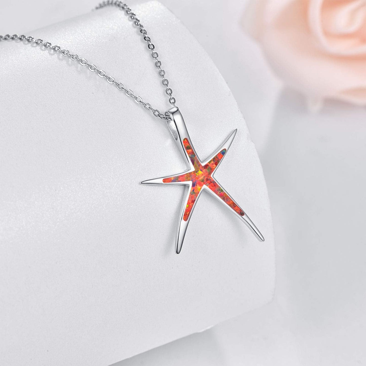 Cuoka Fire Opal Necklace 925 Sterling Silver Starfish Pendant Nautical Beach Sea Ocean Jewelry Valentine Gift for Women Girlfriend with Box