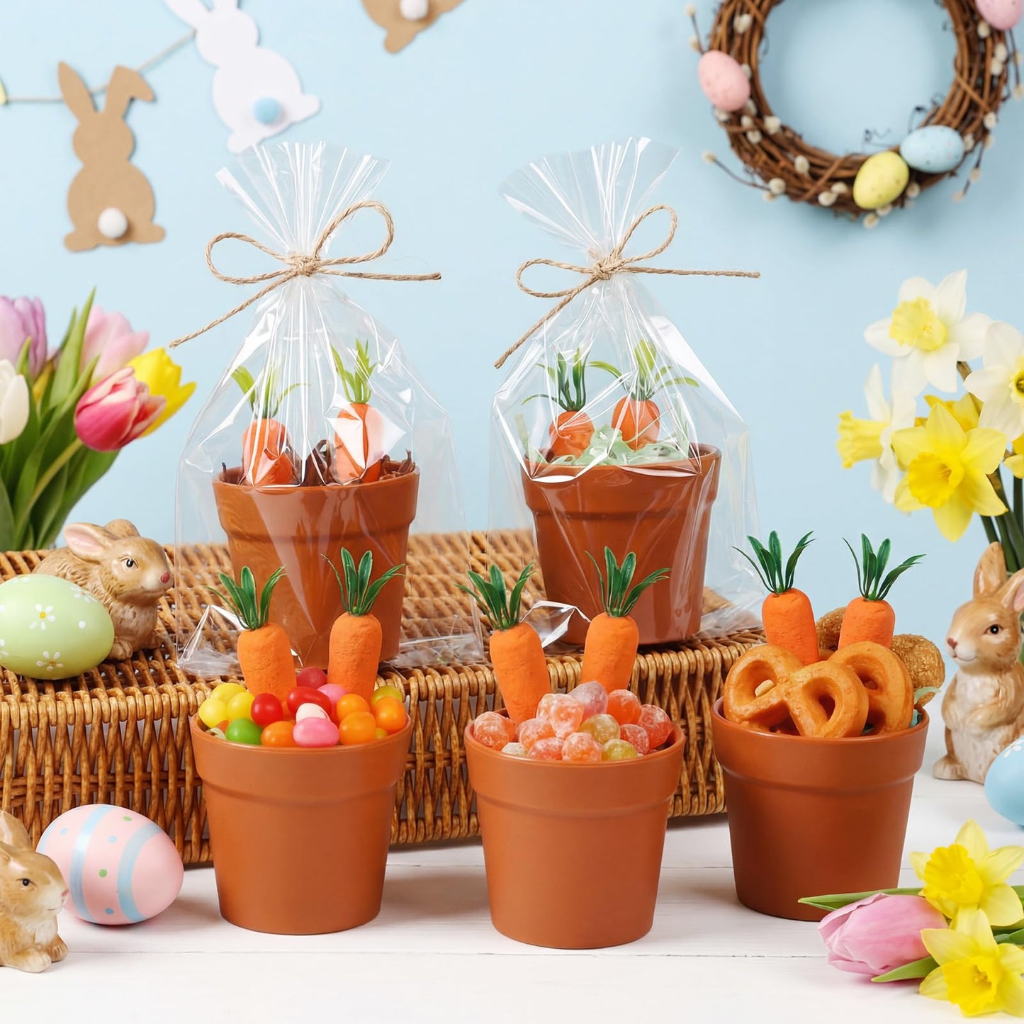 Simgoing 24 Set Mini Easter Baskets Bulk Tiny Easter Party Favors DIY Craft Kit Gifts Decorative Terracotta Pot with Carrots Supplies for Easters Basket Stuffer Spring Classroom Activities Decoration