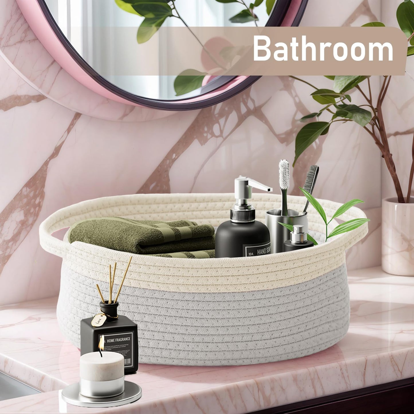 JMvicyroam Woven Basket,Small Rope Storage Bin with Handles & Ribbon Bag, Organizer for Shelves Closets,Gift Basket Empty for Birthday,Books,Dog Toys, White&Grey