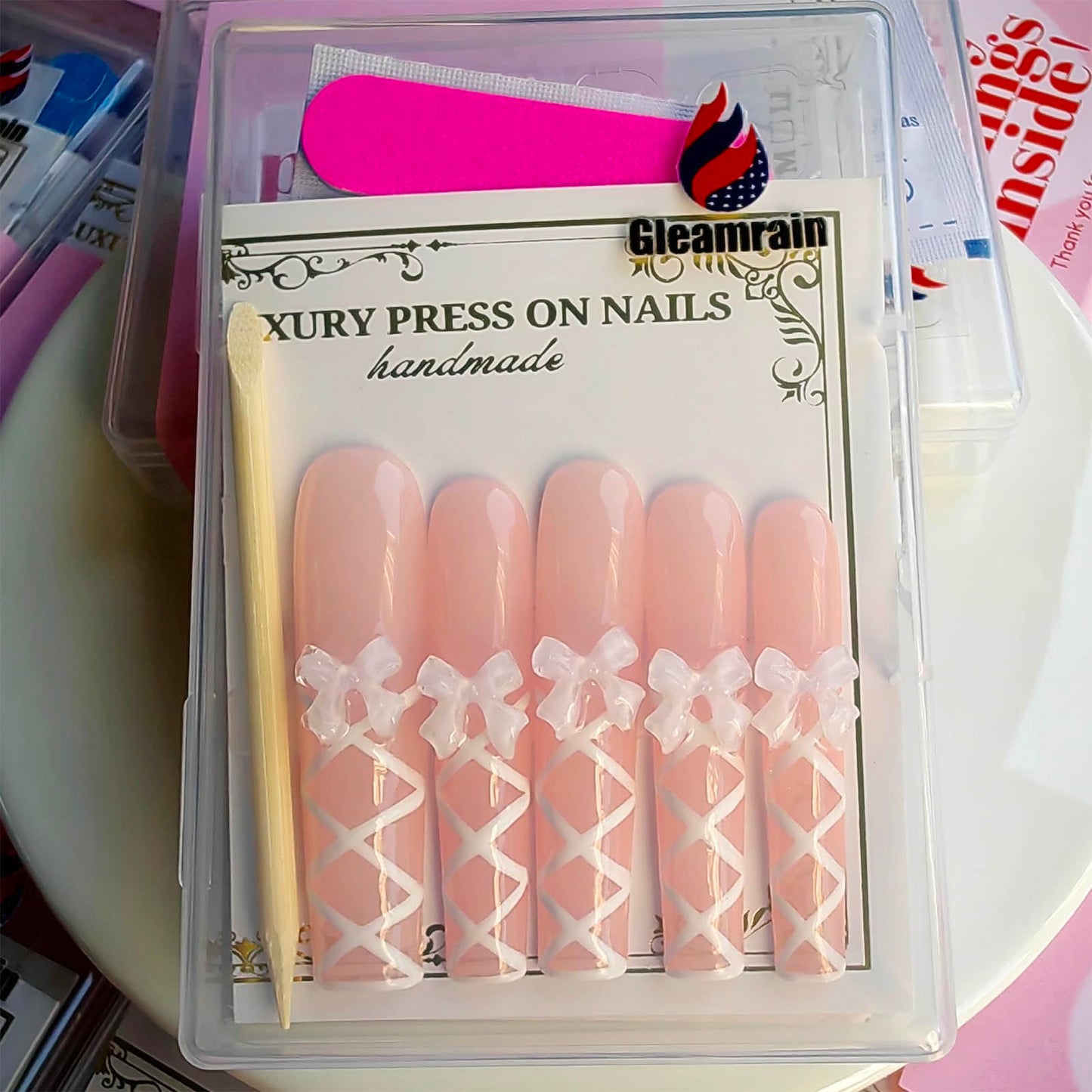 Gleamrain Xxl Press on Nails Extra Long Square Handmade Press-on Nails with Design Pink Press Ons 10pcs M Size Pattern 1103